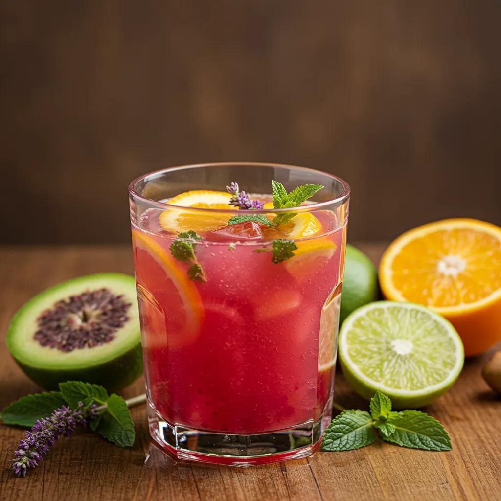 Colorful detox drink with fruits and herbs, symbolizing health and wellness